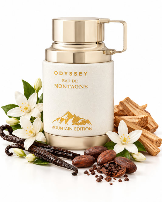 Odyssey Eau de Montagne Eau de Parfum de Armaf – frasco con sus notas: flores blancas, vainilla, sándalo