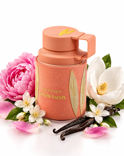Odyssey Li'chi Lush Eau de Parfum de Armaf – frasco con sus notas: peonía, azahar, magnolia
