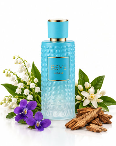Rome Imagine Eau de Parfum de Bharara – frasco con sus notas: flores blancas, lirio de los valles, violeta