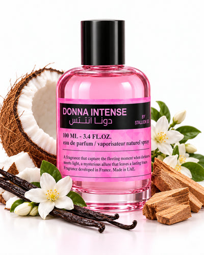 Donna Intense Eau de Parfum de Emper – frasco con sus notas: coco, vainilla, sándalo