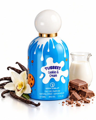Tubbees Cookies & Cream Eau de Parfum de Grandeur – frasco con sus notas: leche, chocolate con leche, vainilla