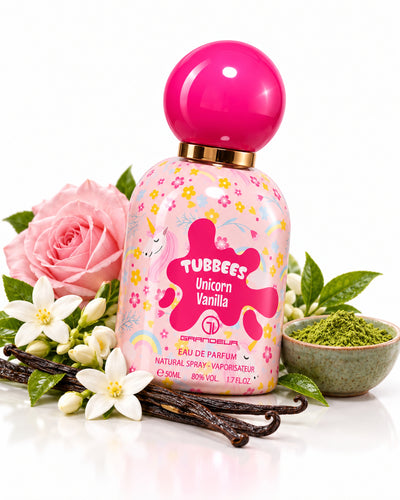 Tubbees Unicorn Vanilla Eau de Parfum de Grandeur – frasco con sus notas: flores blancas, té matcha, rosa