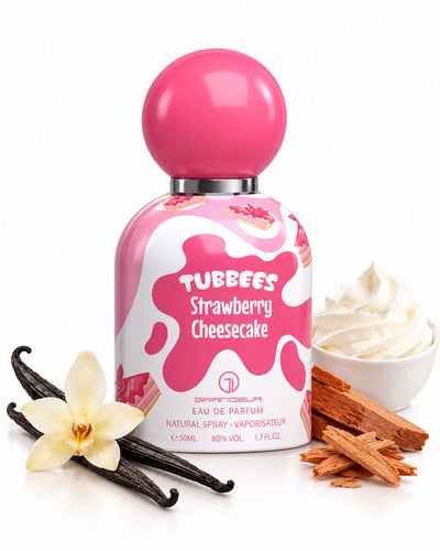 Tubbees Strawberry Cheesecake Eau de Parfum de Grandeur – frasco con sus notas: crema batida, vainilla, sándalo