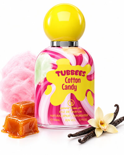 Tubbees Cotton Candy Eau de Parfum de Grandeur – frasco con sus notas: algodón de azúcar, caramelo, almizcle