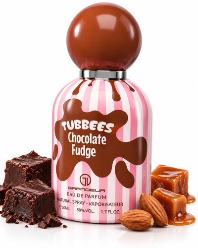 Tubbees Chocolate Fudge Eau de Parfum de Grandeur – frasco con sus notas: fudge de chocolate, crema irlandesa, caramelo