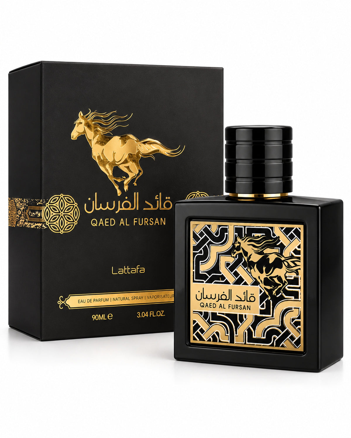 Qaed Al Fursan Eau de Parfum de Lattafa – frasco con caja