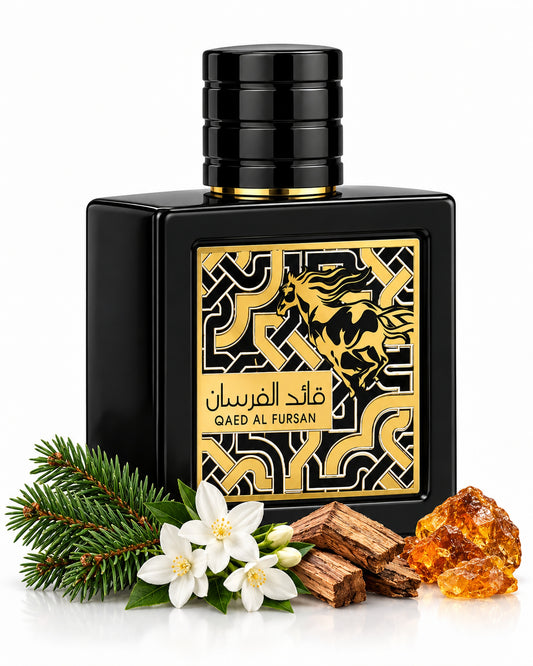 Qaed Al Fursan Eau de Parfum de Lattafa – frasco con sus notas: abeto balsámico, jazmín, cedro