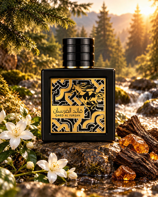 Qaed Al Fursan Eau de Parfum de Lattafa – paisaje inspirado en sus notas