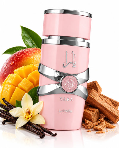 Yara Eau de Parfum de Lattafa – frasco con sus notas: acorde gourmand, frutas tropicales, vainilla