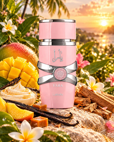 Yara Eau de Parfum de Lattafa – paisaje inspirado en sus notas