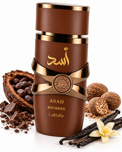 Asad Bourbon Eau de Parfum de Lattafa – frasco con sus notas: cacao, nuez moscada, davana