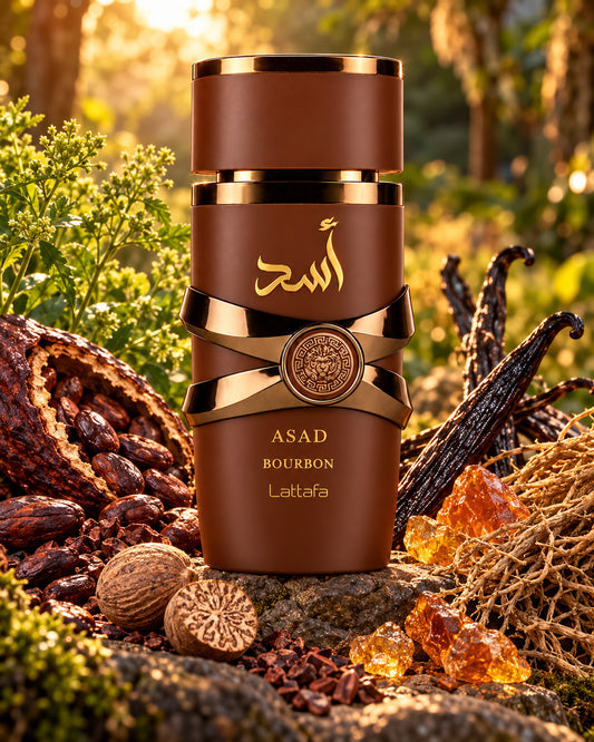 Asad Bourbon Eau de Parfum de Lattafa – paisaje inspirado en sus notas