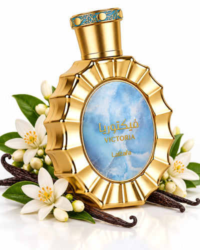 Victoria Eau de Parfum de Lattafa – frasco con sus notas: neroli, vainilla