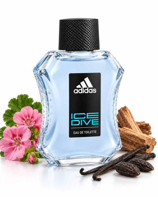 Ice Dive Eau de Toilette de Adidas – frasco con sus notas: geranio, sándalo, pachulí