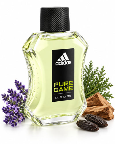 Pure Game Eau de Toilette de Adidas – frasco con sus notas: ciprés, madera de guayaco, lavanda