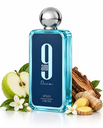 9AM Dive Eau de Parfum de Afnan – frasco con sus notas: manzana, cedro, incienso
