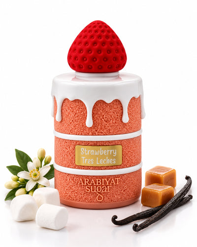 Strawberry Tres Leches Eau de Parfum de Arabiyat – frasco con sus notas: caramelo de leche, malvavisco, caramelo