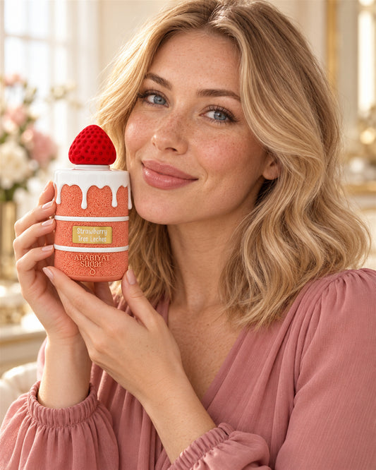 Strawberry Tres Leches Eau de Parfum de Arabiyat – modelo con el perfume