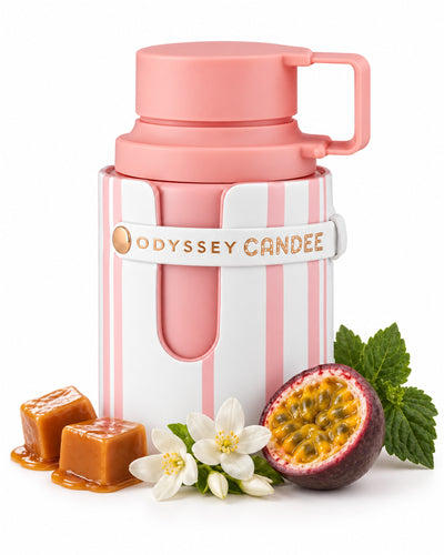 Odyssey Candee Eau de Parfum de Armaf – frasco con sus notas: caramelo, jazmín, maracuyá