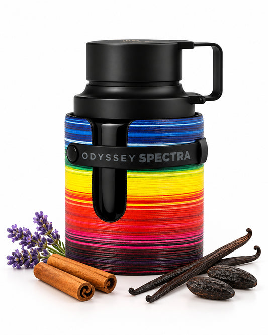 Odyssey Spectra Eau de Parfum de Armaf – frasco con sus notas: lavanda, canela, flor de azahar