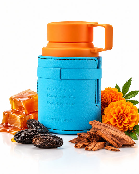 Odyssey Mandarin Sky Eau de Parfum de Armaf – frasco con sus notas: caramelo, haba tonka, tagete