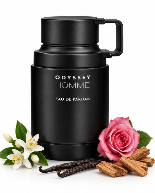 Odyssey Homme Eau de Parfum de Armaf – frasco con sus notas: flor de azahar, rosa, vainilla