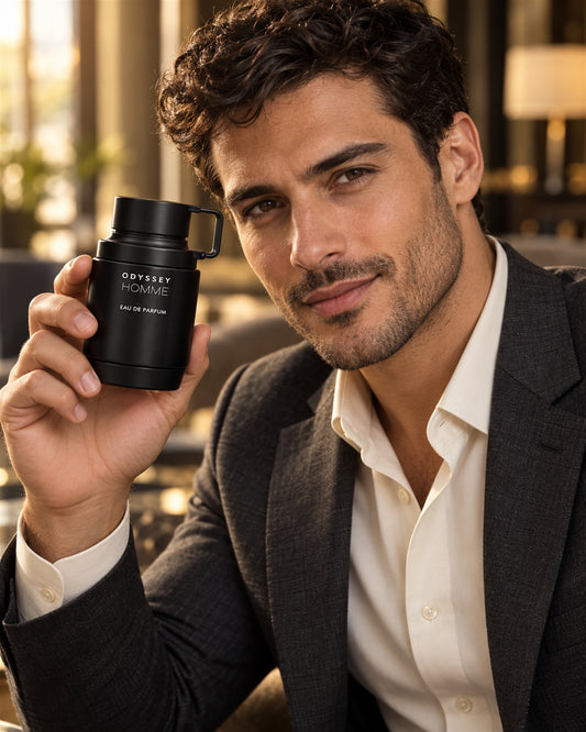 Odyssey Homme Eau de Parfum de Armaf – modelo con el perfume