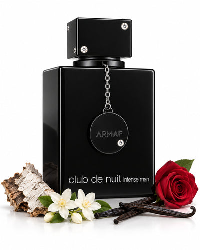 Club de Nuit Intense Man Eau de Toilette de Armaf – frasco con sus notas: abedul, jazmín, rosa