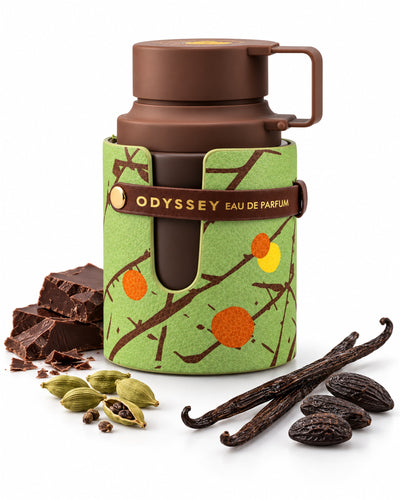 Odyssey Dubai Chocolat Eau de Parfum de Armaf – frasco con sus notas: chocolate, vainilla, cardamomo