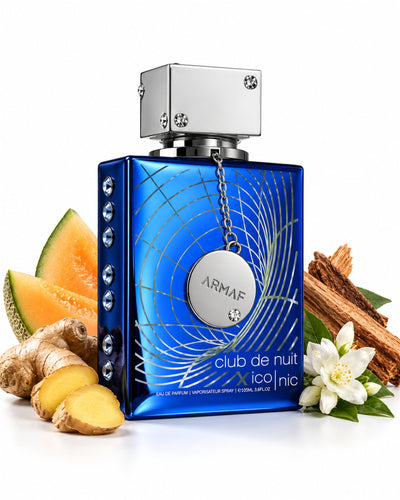 Club de Nuit Blue Iconic Eau de Parfum de Armaf – frasco con sus notas: jengibre, melón, jazmín