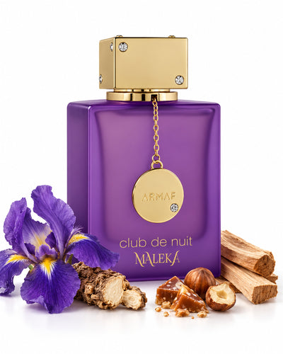Club de Nuit Maleka Eau de Parfum de Armaf – frasco con sus notas: iris, praliné, ambroxán