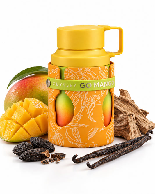 Odyssey Go Mango Eau de Parfum de Armaf – frasco con sus notas: mango, maderas secas, haba tonka