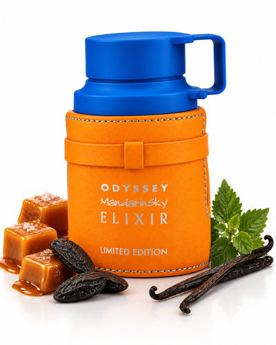 Odyssey Mandarin Sky Elixir Eau de Parfum de Armaf – frasco con sus notas: caramelo, haba tonka, pachulí