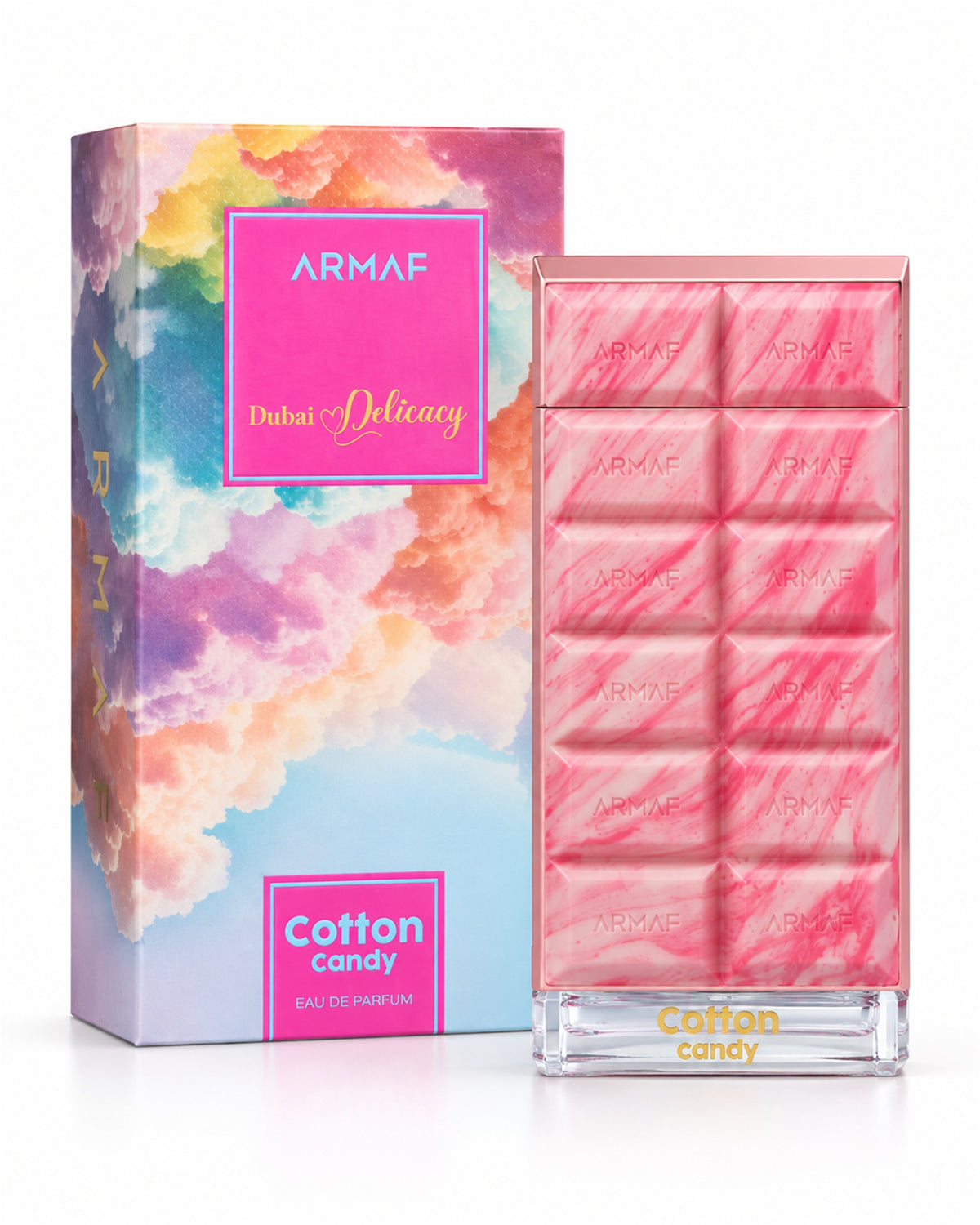 Dubai Delicacy Cotton Candy Eau de Parfum de Armaf – frasco con caja