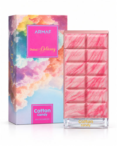 Dubai Delicacy Cotton Candy Eau de Parfum de Armaf – frasco con caja