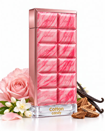 Dubai Delicacy Cotton Candy Eau de Parfum de Armaf – frasco con sus notas: jazmín, rosa, vainilla
