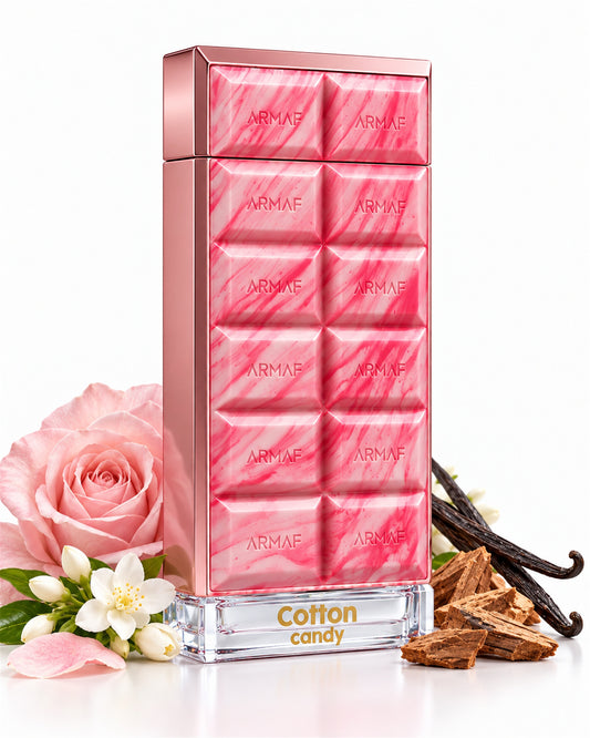 Dubai Delicacy Cotton Candy Eau de Parfum de Armaf – frasco con sus notas: jazmín, rosa, vainilla
