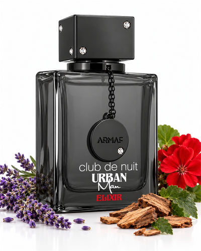 Club de Nuit Urban Man Elixir Eau de Parfum de Armaf – frasco con sus notas: lavanda, elemí, geranio