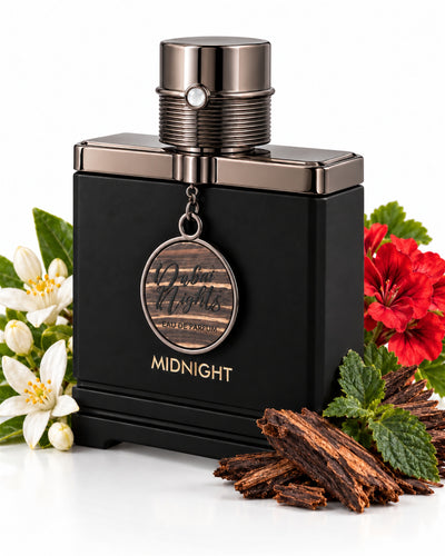 Dubai Nights Midnight Eau de Parfum de Armaf – frasco con sus notas: flor de azahar, geranio, pachulí