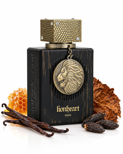 Club de Nuit Lionheart Man Eau de Parfum de Armaf – frasco con sus notas: vainilla, benjuí, miel