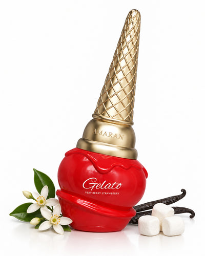 Gelato Very Berry Strawberry Eau de Parfum de Amaran – frasco con sus notas: flor de azahar, ambroxan, almizcle