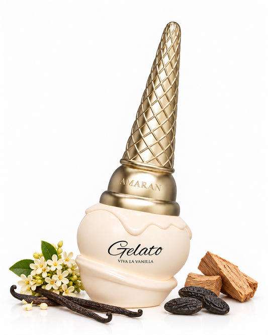 Gelato Viva La Vanilla Eau de Parfum de Amaran – frasco con sus notas: osmanto, vainilla, haba tonka