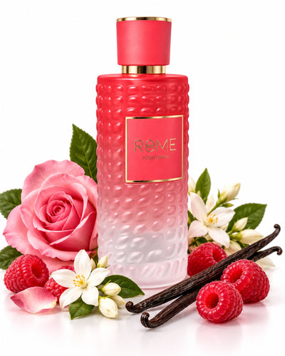 Rome Pour Femme Eau de Parfum de Bharara – frasco con sus notas: jazmín, rosa, violeta