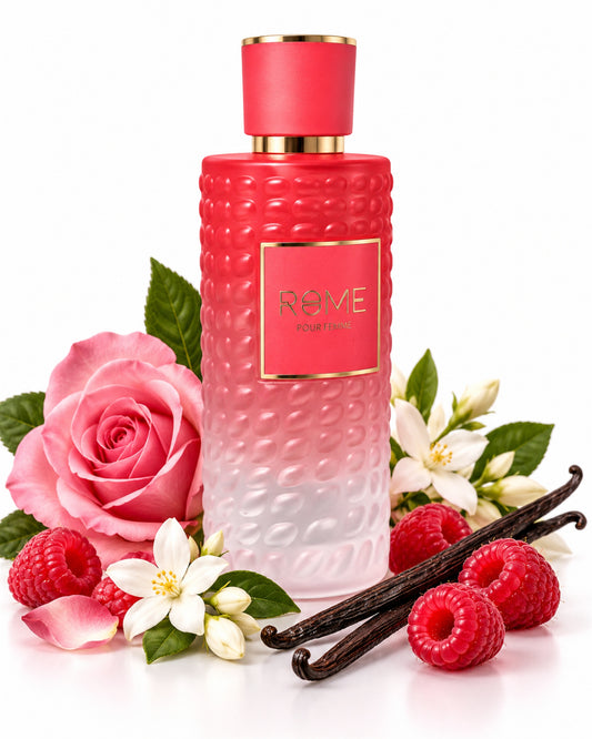 Rome Pour Femme Eau de Parfum de Bharara – frasco con sus notas: jazmín, rosa, violeta