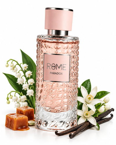 Rome Paradox Eau de Parfum de Bharara – frasco con sus notas: flores blancas, lirio de los valles, heliotropo