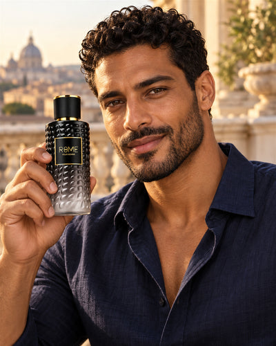 Rome Pour Homme Eau de Parfum de Bharara – modelo con el perfume