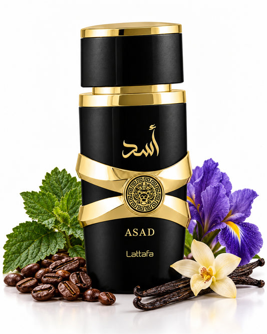 Asad Eau de Parfum de Lattafa – frasco con sus notas: pachulí, café, iris