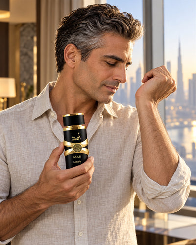 Asad Eau de Parfum de Lattafa – modelo con el perfume