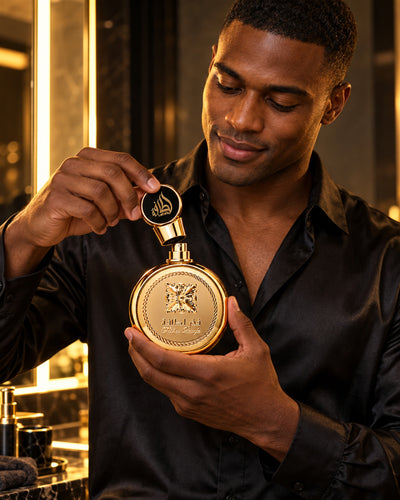 Fakhar Extrait Eau de Parfum de Lattafa – modelo con el perfume