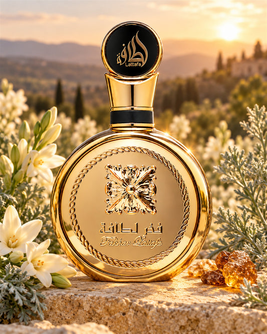 Fakhar Extrait Eau de Parfum de Lattafa – paisaje inspirado en sus notas